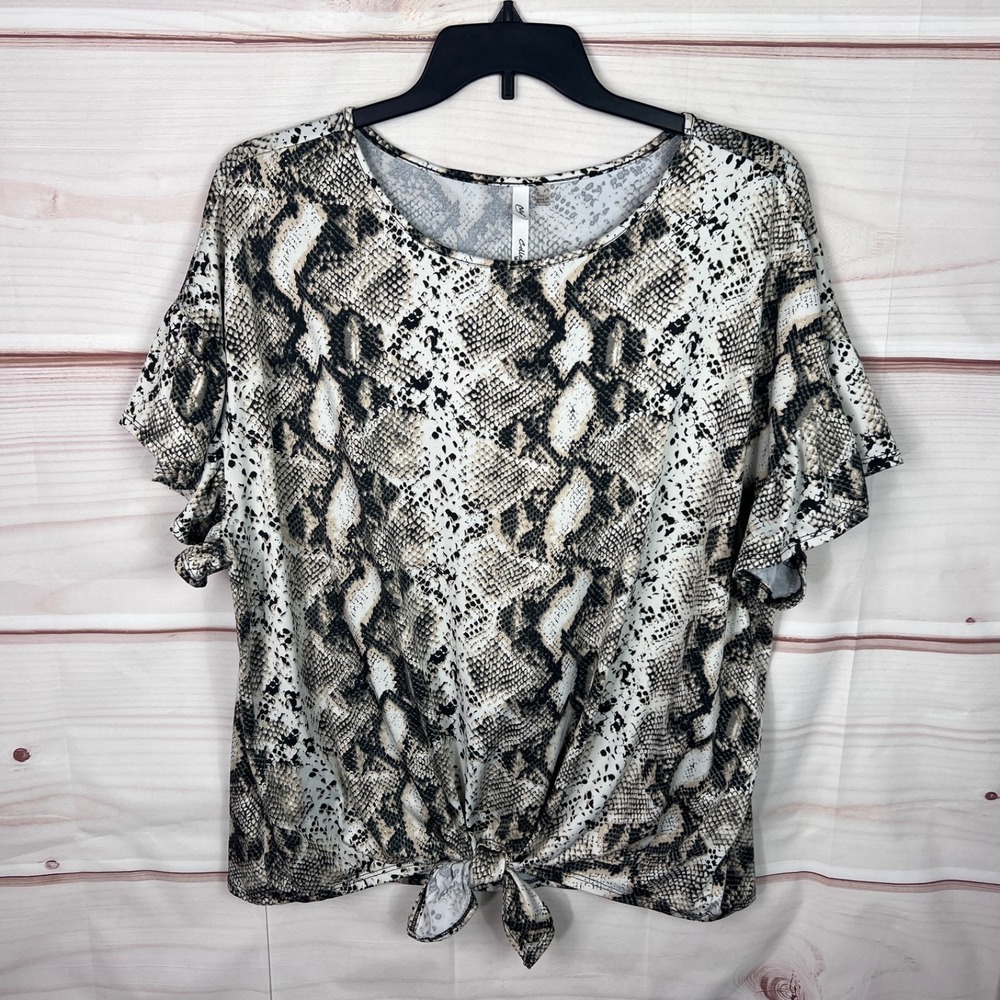 NY Collection Top Women 3X Black Beige Snakeskin Print Blouse Ruffle Sleeve Knit